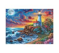 Paysage côtier dans la Nuit de Lune 500 Pièces Puzzle pour Ado en Carton Anti-Déchirure Lune, Rivage et Phare Facile Débutant Jeu De Société Soirée Entre Amis Cadeau Anniversaire Petit Prix 500 PCS