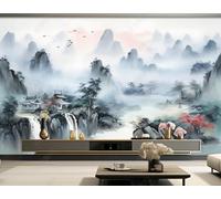 Paysage Créatif À L'Encre De Chine Cascade Architecture Papier Peint 3D Installation Facile Intissé Tapisserie Bureau Salon Canapé Chambre Décoration Murale-250cm×170cm