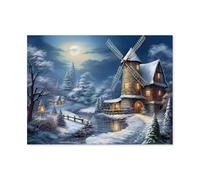 Paysage d’Hiver avec Moulin à Vent,Puzzle en Bois 1000 Pieces Adultes Enfants Classique Jeu Cadeau(75x50cm)-AH31