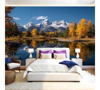 Paysage D'Automne Papier Peint Intissé 200x140 cm Lac Snow Mountain Papier Peint Panoramique Mural Affiche Géante Décoration Murale Photo Salon Chambre D'enfant Décor Fond TV