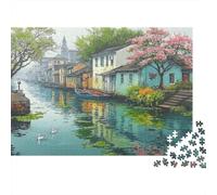 Paysage de Canal Village Puzzle 1000 Pièces avec Découpe Précise, Jeu De Puzzle Classique Concentration Training Puzzle pour Un Tableau À Encadrer, Superbe Idée Cadeau 52x38cm/1000pcs
