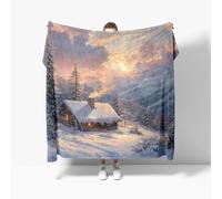 Paysage de Chalet de Montagne Enneigé Plaid Couverture Polaire Flanelle Jeté de Canapé 150x200 cm, Champ de Neige Blanche Couverture Plaid Doux en Peluche pour 2 Personnes Lit, Canapé, Camping