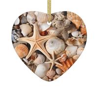 Paysage de coquillages sur la plage - Ornements personnalisés en forme de cœur en céramique à suspendre - Décoration d'arbre de Noël pour les vacances, les mariages, les fêtes, les cadeaux souvenirs