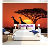 Paysage De Coucher De Soleil Papier Peint Intissé 200x140 cm Girafe des prairies africaines Papier Peint Panoramique Mural Affiche Géante Décoration Murale Photo Salon Chambre D'enfant Décor Fond TV