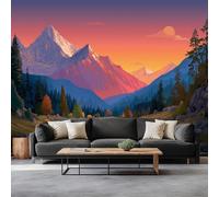 Paysage De Dessin Anim Coucher De Soleil Montagnes Murale Photo Papier Peint 200 x 140 cm Intissé Tableaux Poster Mural Tapisserie, Couleur Orange Papier Peint Panoramique Salon Maison Tenture