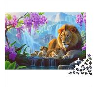 Paysage de Famille de Lions Difficile 1000 pièces Puzzle pour Adultes Fierté de Lions près d'un Bosquet Magique de Cascade Premium Robuste Haute qualité Vibrant soulagement du Stress 38x26cm/1000pcs