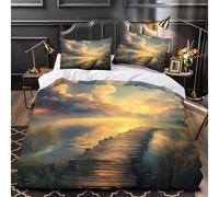 Paysage de la jetée au coucher du soleil 3D Imprimé Housse de couette 3 pièces Microfibre inaltérable Nature Scenic Digital Drap de couette 2 taies entretien facile adultes couples Single（140x200cm）