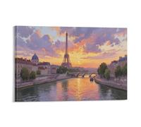 Paysage de la Seine Tableau Mural, Coucher de soleil Tour Eiffel Affiche Œuvre D'art | Impression Photo Sur Toile, Moderne Décor Maison Pour Salon Couloir, Cadeau 12x18inch(30x45cm)