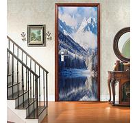 Paysage de Lac de Montagne Enneigé Sticker Mural Porte 73x205 cm Autocollant Décoration - Poster de Porte Paysages Naturels Résistant aux Rayures et aux Taches Stickers Muraux - Film Adhésif