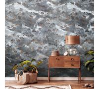 Paysage de Montagne Papier Peint Avec Arbres En Foncé Couleurs - Bleu, Gris, Or