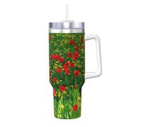 Paysage de prairie de ferme avec champ de coquelicots rouges (Impression),Gobelet isotherme Ice Bully de 40 oz avec poignée, couvercle et paille, en acier inoxydable, pour voiture ou café.