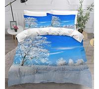 Paysage D'hiver Housse de Couette 200x200 Enfant Fille Garçon Scène De Neige Rurale 3D Parure de Lit 2 Personnes en Microfibre Linge de Lit 3 Pièces avec Fermeture Éclai et 2 Taie d'oreiller 50x75