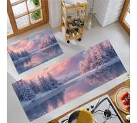 Paysage d'hiver Lot de 2 Tapis Cuisine antidérapants lavables, Forêt Pins Givrés Au Coucher du Soleil Tapis de Cuisine, Rose Clair - 43x75+43x150cm