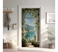 Paysage Effet 3D Sticker Porte, Balcon Voûté Papier Autocollant Porte Mural Décoration, Méditerranéenne Stickers Muraux Amovible PVC 77x200 cm