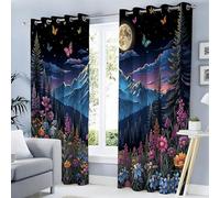 Paysage Fantastique Rideau Occultant 2 Pièces a Oeillets, Rideaux Montagnes Champs De Fleurs Lune, Thermique Isolant Anti Froid, Rideaux Opaque Intérieurs pour Chambre, 140L X 225H cm