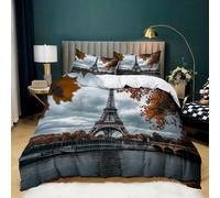 Paysage Fluvial Housse de Couette 180x200 Feuilles d'automne Tour Eiffel Parure de Lit 1 Personne, 3D Imprimé Enfants en Microfibre Douce Respirante Housse Couette avec 2 Taies d'oreiller 65x65 cm