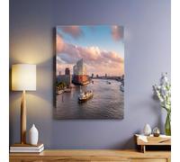Paysage Fluvial Impression sur toile Horizons de la ville 70x50 cm Tableau mural moderne Prêt à accrocher avec cadre bois Décoration élégante pour salon chambre bureau cuisine