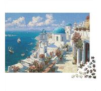 Paysage île Grecque 1000 pièces Puzzle Adultes et Famille Scène emblématique de Santorin dôme Bleu au Bord de mer Premium Robuste Haute qualité Vibrant Stimulant 52x38cm/1000pcs