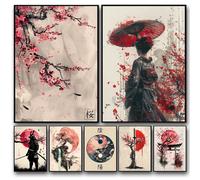 Paysage japonais samouraï Geisha bonsaï Torii Gate Sakura, affiche d'art, peinture sur toile, imprimés muraux, image pour décoration de chambre et de maison Brun