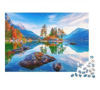 Paysage Lac Montagne Puzzle Stimulation Mentale 1000 Pièces pour Adultes Arbres d'Île Mirés dans Une Eau Cristalline Premium Robuste Défiant Anti-Stress 38x26cm/1000pcs