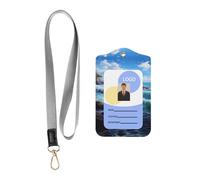 Paysage marin bleu - Porte-carte d'identité professionnel en cuir synthétique avec cordon - Fenêtre transparente imperméable pour le personnel de bureau, hôpital.