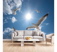 Paysage Nature Lumineux Papier Peint Photo Mural Plusieurs Mesures | Ciel Nuages Blancs Lumière Du Soleil Mouettes Papier Peint Panoramique pour Salon Chambre D'Enfan 300 x 210 cm Intérieure