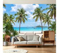 Paysage Naturel Style Décontracté 350 x 256 cm Panoramique Papier Peint | Bleu Océan Voilier Terrasse Pots De Fleurs Cocotier Intissé Papier Peint Mural Pour Salon Chambre Tapisserie Fond TV Murales