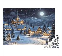 Paysage Nocturne d'hiver Puzzle 1000 Pièces Village sous la Neige pour Adultes Papier Épais Défi Intellectuel Décor Noël Hiver Maison 52x38cm/1000pcs
