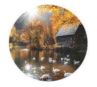 Paysage Pastoral Tapis Rond Lacs Cygnes Chalets Forêts Montagne Tapis pour Cuisine Salle à Manger Salon Chambre Lavable Paillasson Souple Antidérapant 160x160cm