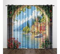 Paysage Petite Ville Rideau Occultant 3D Montagnes Maisons Arche Mer Isolation Protection UV Thermique avec Oeillets Draperies pour Aux Familles Hôtels Maisons de Location 2 Panneaux L110 x H215 CM