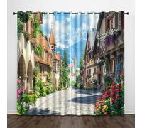 Paysage Rideau Occultant 3D Europe Conte Fées Petite Ville Isolation Protection UV Thermique avec Oeillets Draperies pour Aux Familles Hôtels Maisons de Location 2 Panneaux L140 x H260 CM