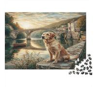 Paysage Rive avec Chien 1000 Pièces Puzzle Papier pour Adultes Éducatif Puzzle Village Rivière Décor Murale 38x26cm/1000pcs