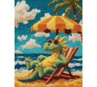 paysage tropical Latch Hook Rug Kits for Adults Kids Beginners,Petit dinosaure sur le fauteuil inclinable,Printed Crochet Non-Slip Mat,Rug Crochet Yarn Kit for Home Sofa Decoration,52x38cm
