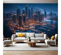 Paysage Urbain Papier Peint 300x210 cm Vue nocturne de la marina de Dubaï Panoramique 3D Poster Geant Mural Photo Muraux Pour Salon Chambre à Coucher Maison Décoration Intérieure Moderne