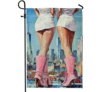 Paysage urbain peinture drapeau de jardin, bleu et pêche, décoration printanière urbaine romantique, drapeau de cour double face, décoration de pelouse extérieure de vacances, 30,5 x 45,7 cm