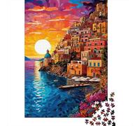 Paysage Ville Côtière Méditerranée Puzzle 1000 Pièces Papier pour Adultes Coucher du Soleil Bâtiments Colorés Jeu de Puzzle 1000 Pièces Détente Cadeau Famille 38x26cm/1000pcs