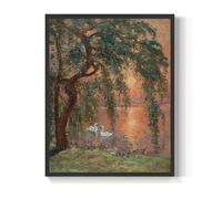 Paysage vintage du lac des cygnes, peinture abstraite au coucher du soleil, peinture sur le lac forestier pour décoration de salon (60 x 80 cm, sans cadre)