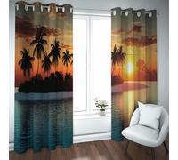 Paysages de Plage Estival éclatants Rideaux occultants Palmiers Océan Vue sur Le Coucher de Soleil Rideaux en Polyester Salon Chambre Rideaux Extra Longs 2 Panneaux (W140xL200cm chacun)