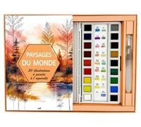 Paysages Du Monde, 30 Illustrations À Peindre À L'aquarelle - Coffret Avec Une Palette Aquarelle De 18 Demi-Godets, 1 Pinceau-Réservoir, 30 Illustrations À Peindre, 2 Nuanciers