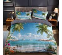 Paysages Naturels Housse de Couette 160 x 200 cm Paysage de Palmiers de Plage Microfibre Imprimée Parure de Lit 2 Personnes avec Fermeture Éclair et 2 Taies d'oreiller 65x65 cm