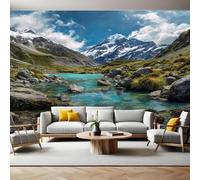 Paysages Naturels Papier Peint Intissé 200x140 cm Paysage de ruisseau de montagne enneigé Papier Peint Panoramique Mural Affiche Géante Décoration Murale Photo Salon Chambre D'enfant Décor Fond TV