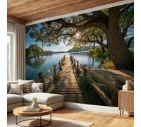Paysages Naturels Papier Peint Panoramique, Promenade Sur Pilotis Autour Du Lac Et Grands Arbres Papier Peint Panoramique Soie Lac Vert Pour Chambre Salon Salle Décoration Murale - 250 X 175 Cm