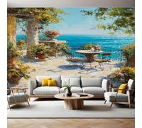 Paysages Pittoresques Papier Peint 300 x 210 cm Aquarelle balcon vue mer Papier Peint Panoramique Tapisserie Photo Poster Intissé Mur Moderne Décor Murale Salon Chambre á Coucherr Bureau