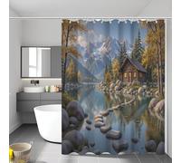 Paysages Ruraux Forestiers Rideau de Douche 200 × 200 cm, Maisons Bois Bord Lac Rideaux de Douche pour Salle de Bain, Brun Salle de Bain Rideau décoratif avec 12 Crochets,Rideau de Baignoire étanche