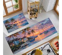 Paysages Tropicaux Lot de 2 Tapis de Cuisine Antidérapants,Coucher Soleil sur La Plage Palmiers Tapis de Sol Lavables Absorbant l'EauBleu pour Couloir Salle à Manger Entrée Porte - 43x75+43x150cm