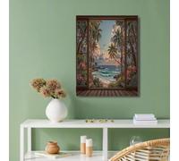 Paysages Tropicaux Réalistes Impression sur Toile, Fenêtres En Bois Plage Tableau Decoration Murale 60x90 cm, Vert peinture sur toile Murale Affiches, pour Chambre Salon Salle à manger, Sans Cadre