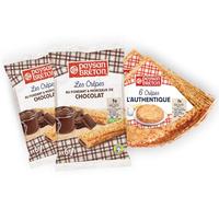 PAYSAN BRETON - Lot de 4 SACHETS : 2 SACHETS Crêpes Bretonnes NATURE *6 + 2 SACHETS Crêpes individuelles Fourrées au CHOCOLAT *6 dans un emballage en papier recyclable.