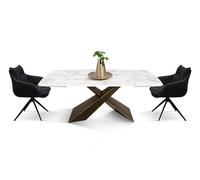 PAZZO DESIGN Table extensible Adamo, Plateau en céramique blanche arabesque, Finition mate, Pieds en métal bronze, Cuisine, Séjour, 180x90x76 cm - id_2064