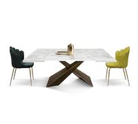 PAZZO DESIGN Table extensible César, plateau en céramique blanc arabesque, pieds en métal bronze, table de cuisine, table de salon, table en céramique, 180 x 90 x 76 cm - id_2062