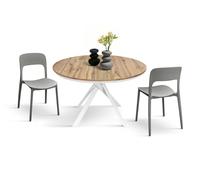 PAZZO DESIGN Table ronde extensible Gabri, table de salon, cuisine, pieds croisés Shangay blancs, fabriquée en Italie, chêne rustique, de 120 à 170 cm - id_2177